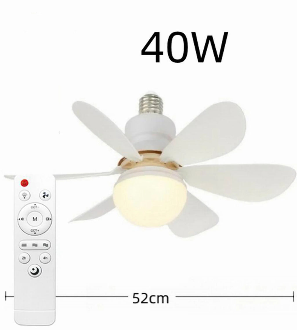 Ceiling fan with light and five white blades; remote and 52cm span shown