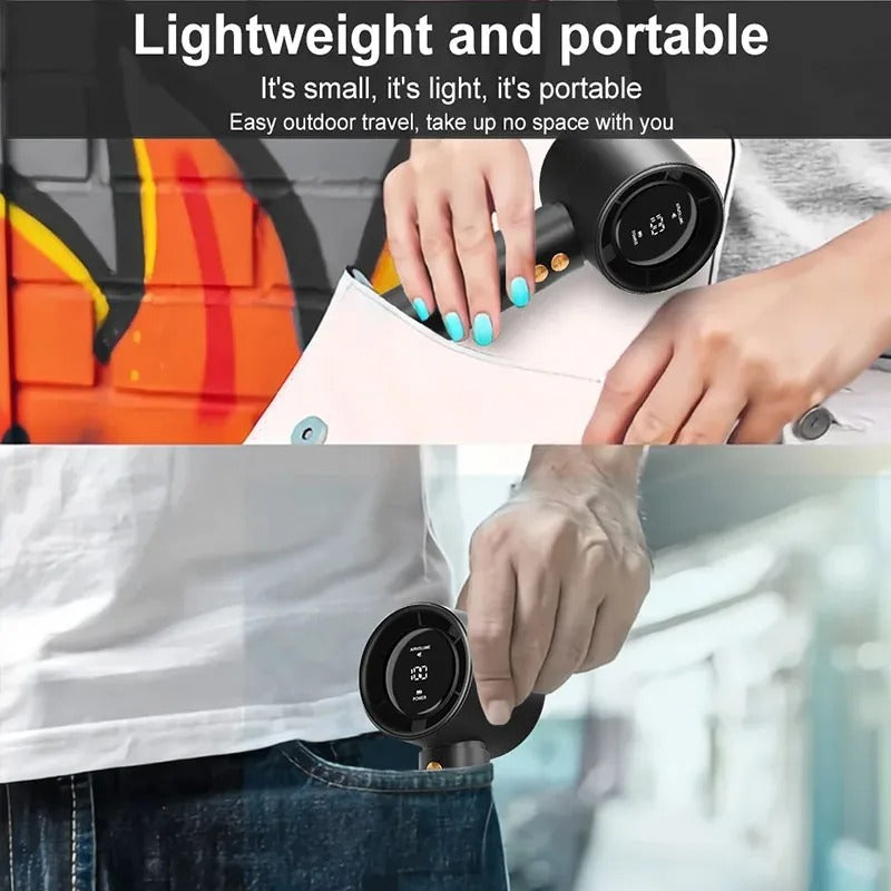 Compact handheld fan with LED display, shown near paperwork with small round head