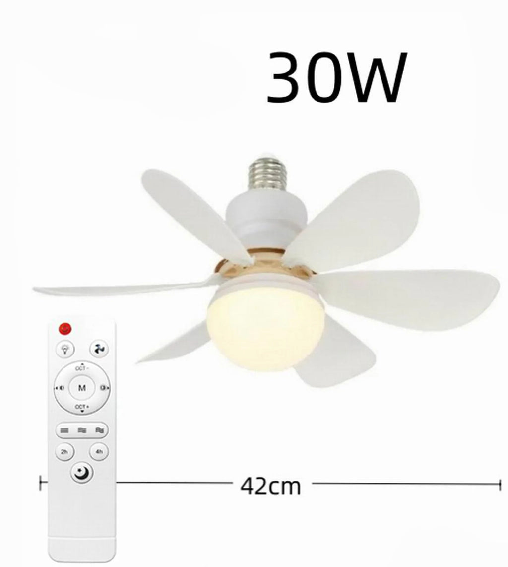 Ceiling fan with light and five white blades; remote and 42cm span shown