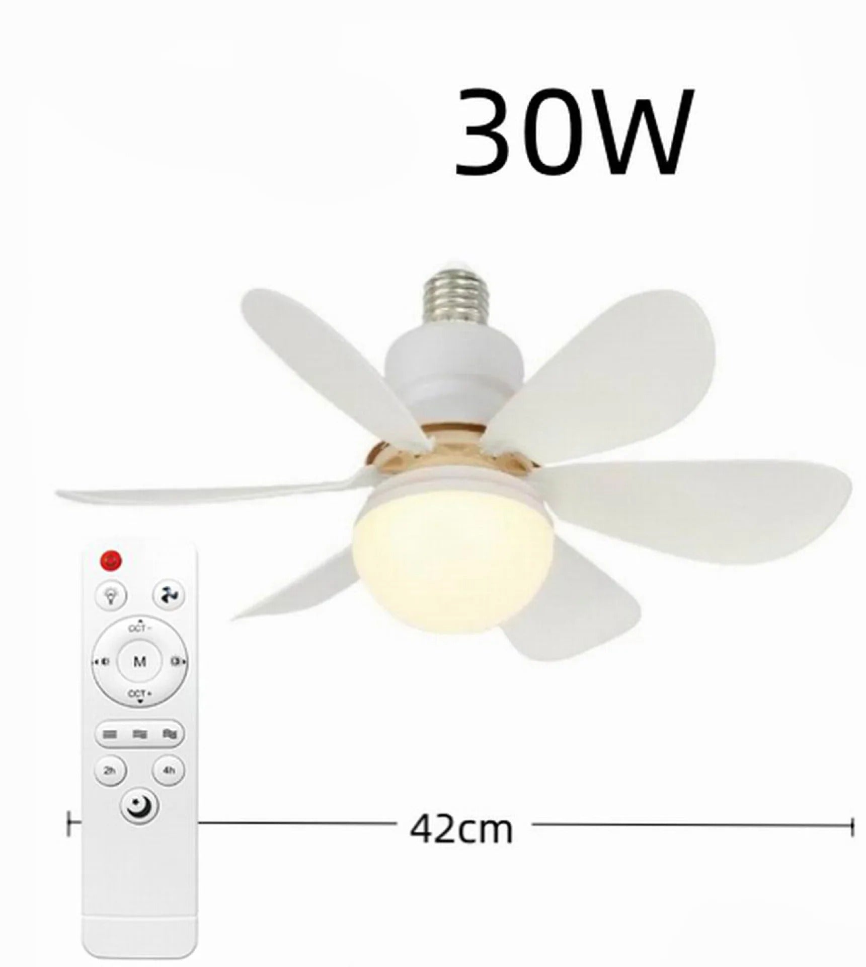 Ceiling fan with light and five white blades; remote and 42cm span shown