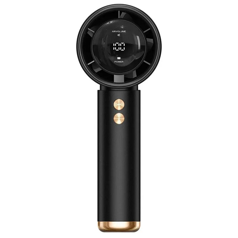 Black handheld portable fan with circular LED display and gold accent buttons
