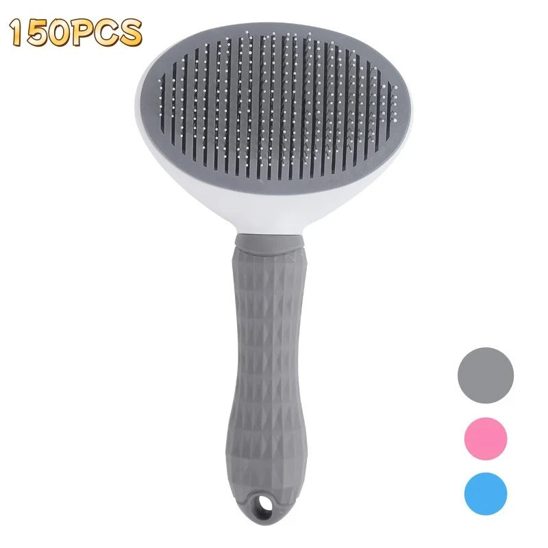 Pet grooming brush with dark bristle pad and textured gray grip handle