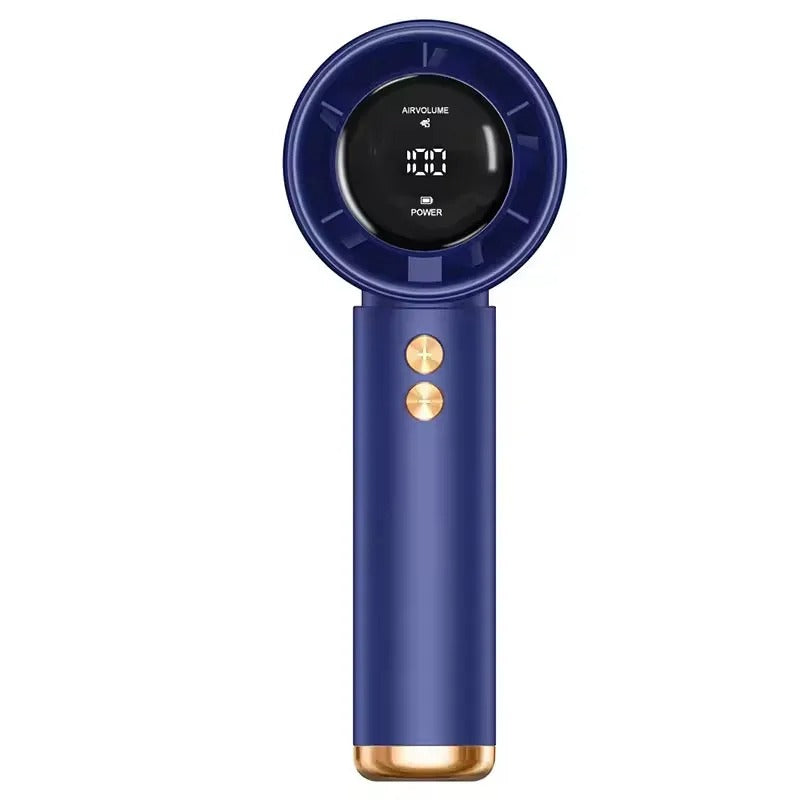 Navy handheld portable fan with circular LED display and gold accent buttons