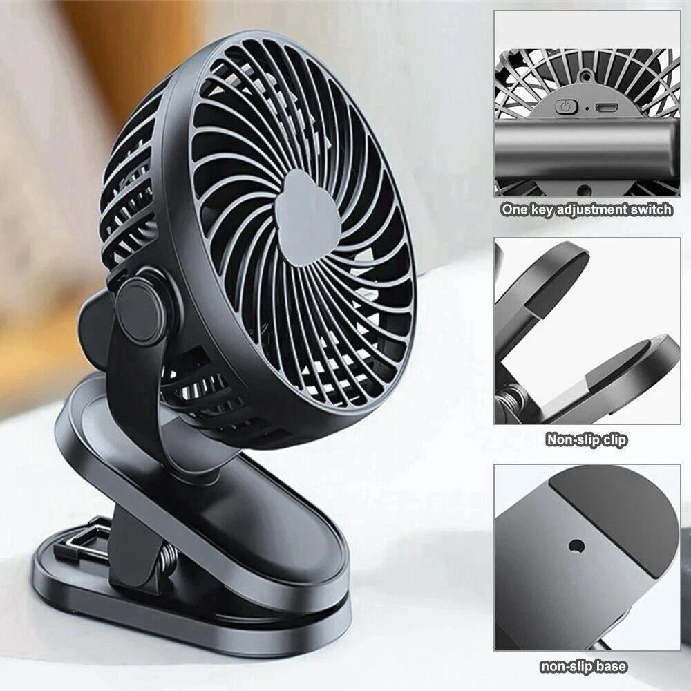 Portable USB Clip On Fan Rechargeable Mini Desk Fan 360° Rotation Quiet Cooling
