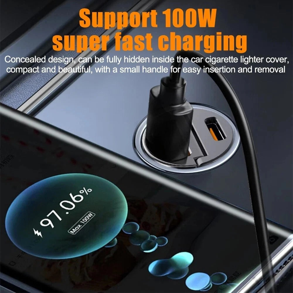 Black car cigarette lighter charger with Type C and USB-A ports