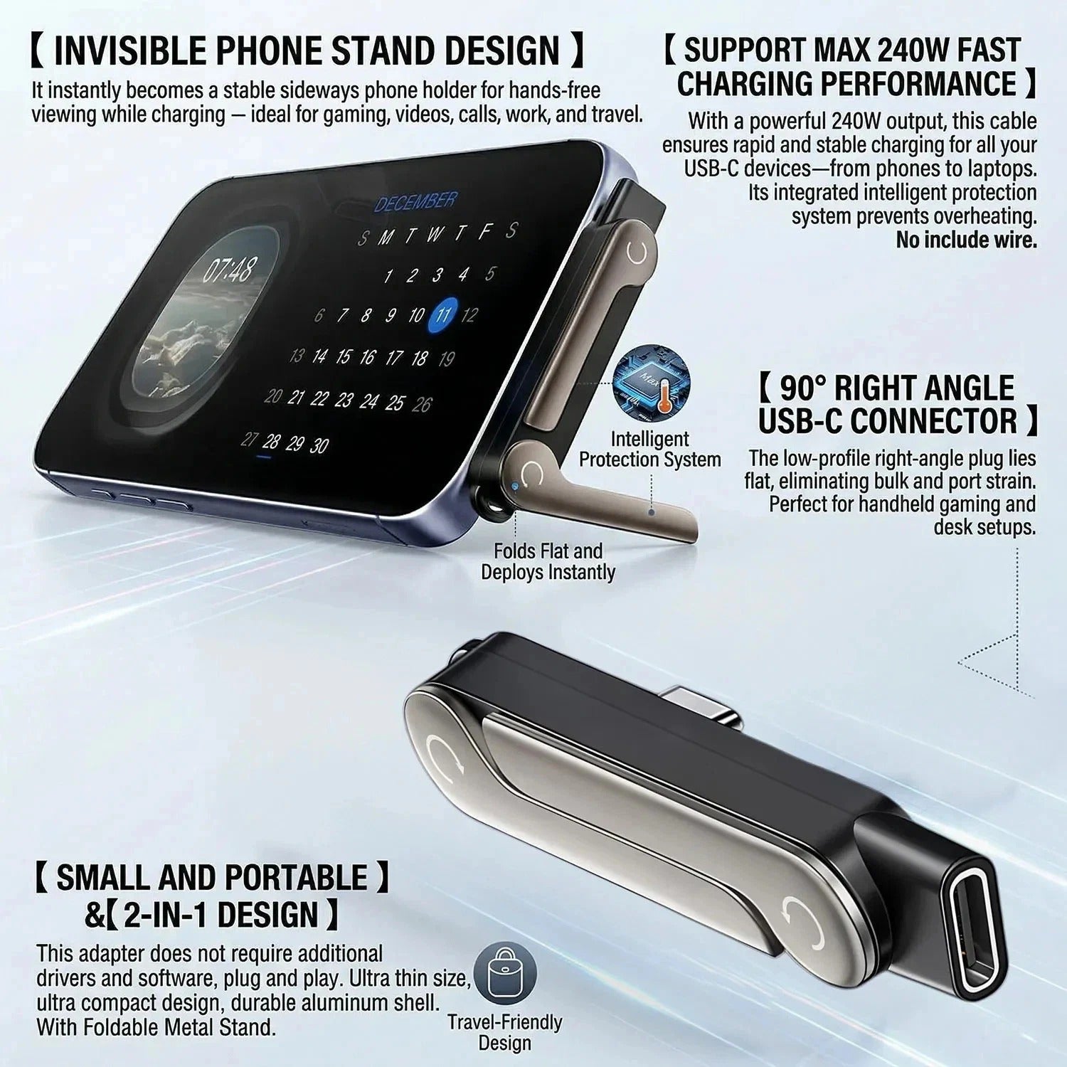 Invisible Holder Charger Cable–240W Fast Charging Cord with Phone Stand