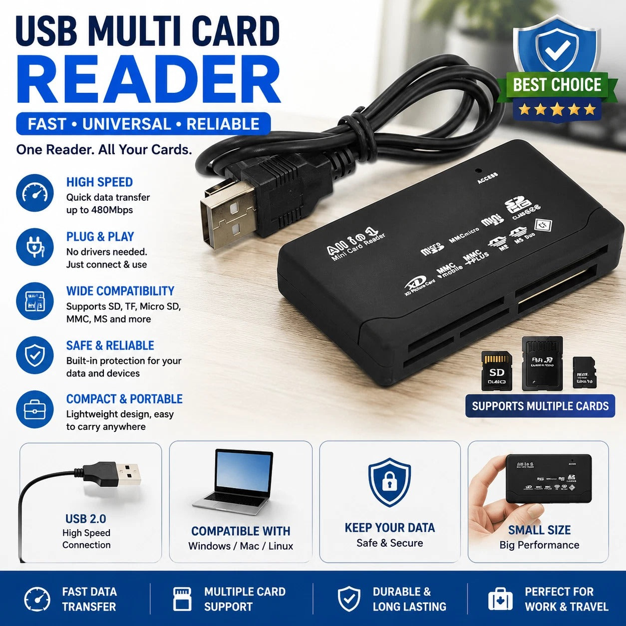 WG® USB 2.0 Memory Card Reader All‑in‑One Adapter SD SDHC Micro SD CF MS M2 XD