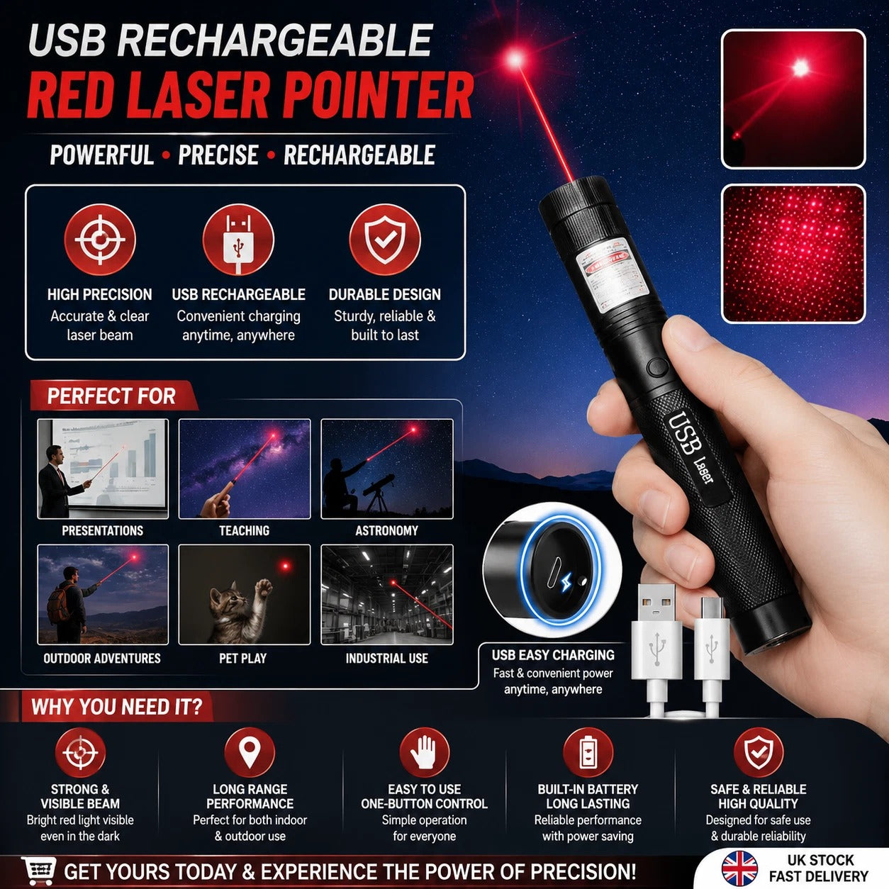 Rechargeable Red Laser Pointer Pen USB Charging Strong Beam Long Range Presenter