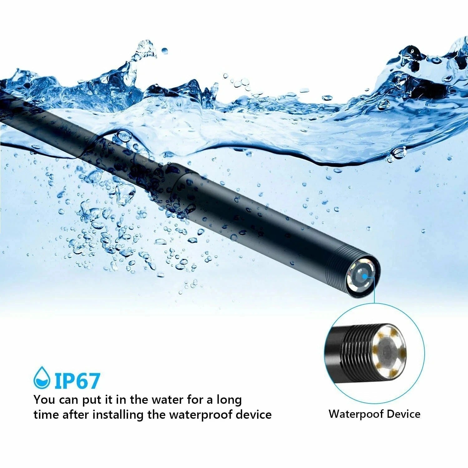 Waterproof USB endoscope camera with blue splash background