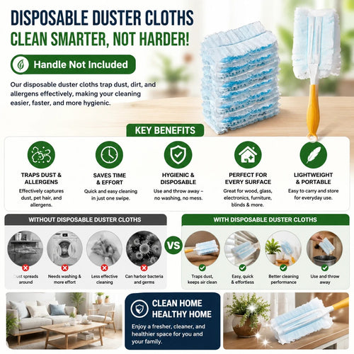 Disposable duster cloth refill stack with fluffy light blue pads and a yellow handle.