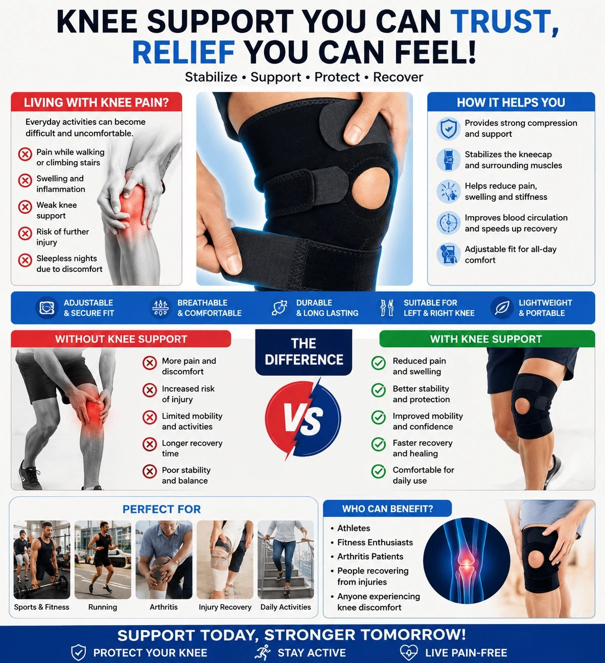 Knee Brace Support Strap for Men & Women | Adjustable Neoprene Patella Stabilise