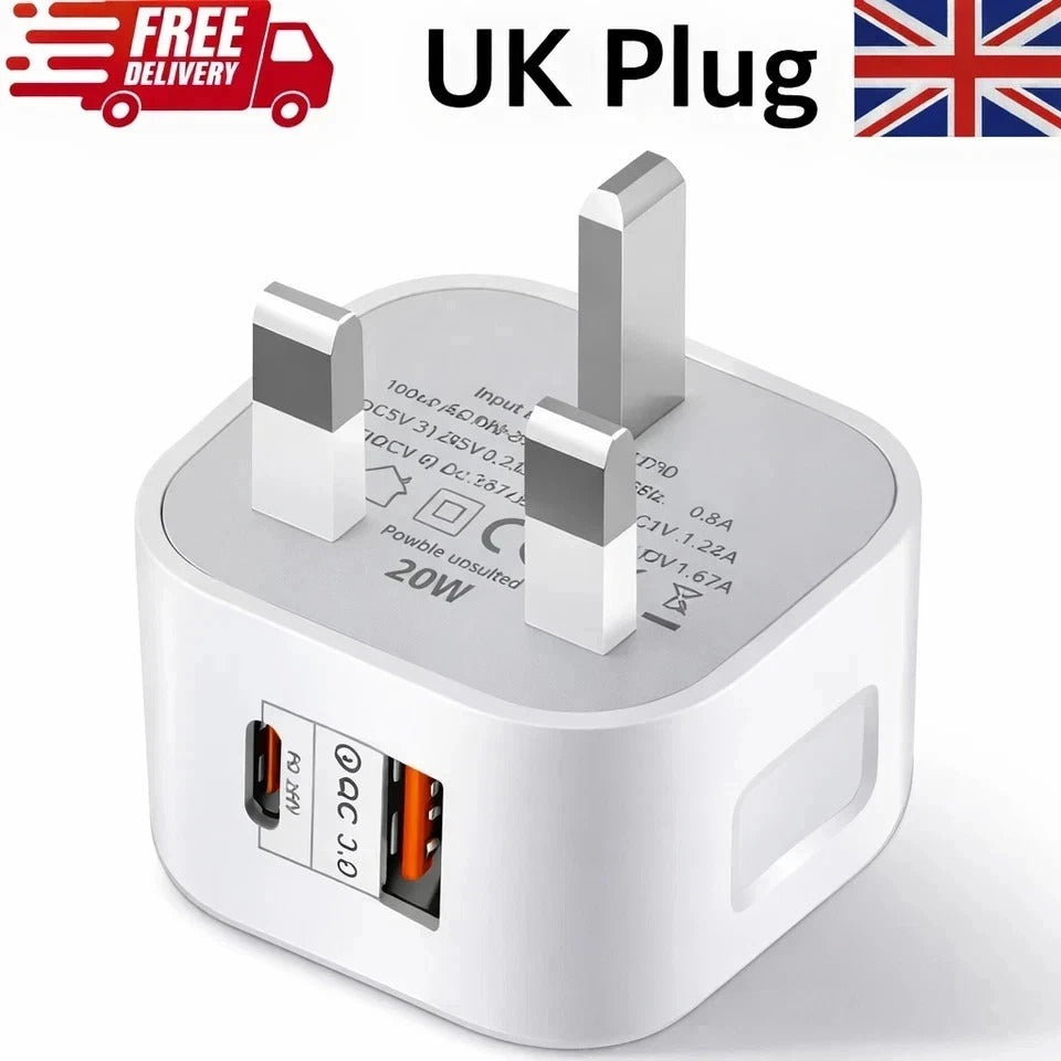 Fast Charging Dual Port Plug 20W - Type C & USB A Charger Adapter for UK Device
