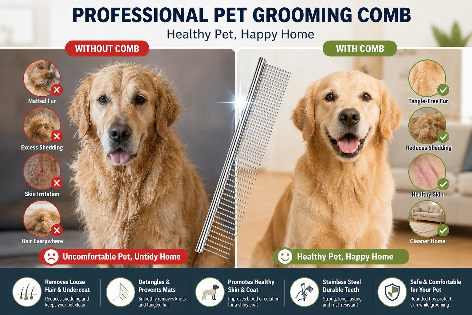 Dog Cat Pet Grooming Comb Double Row Metal Teeth Fur Rake Brush for Shedding UK