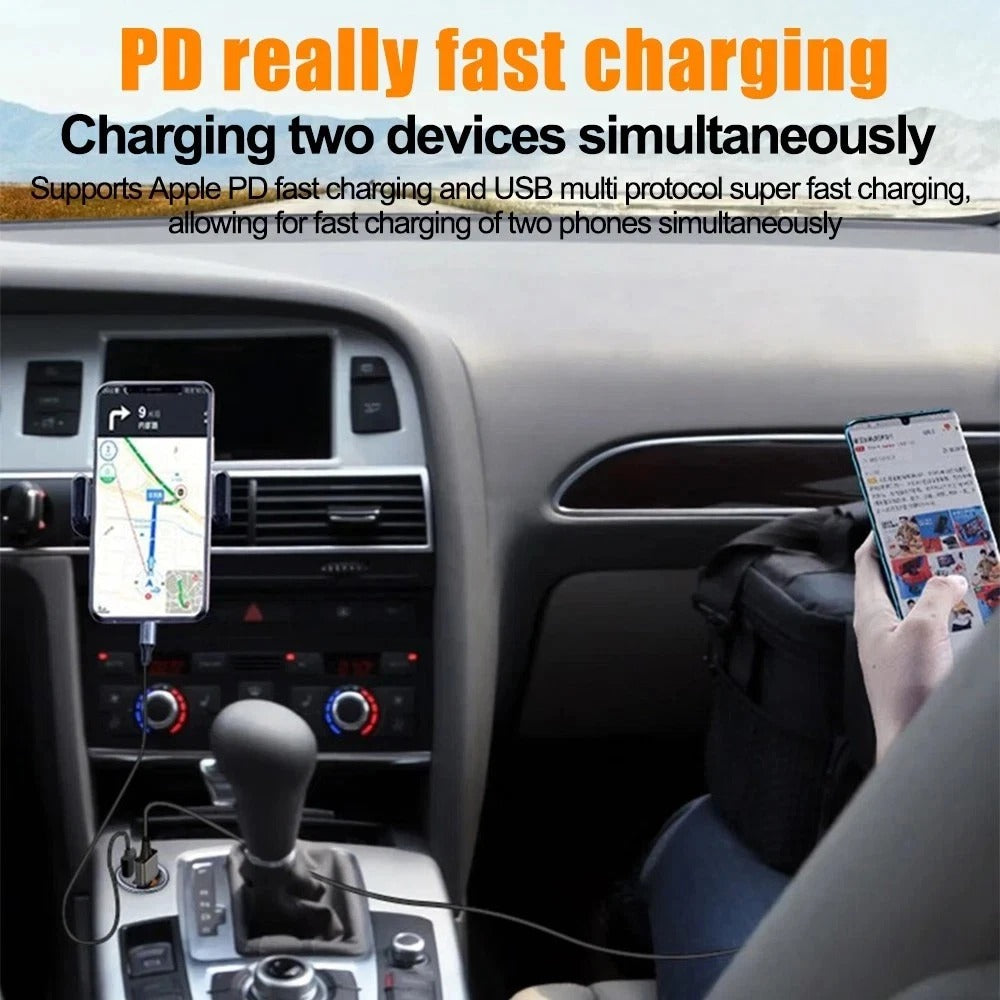 Car dashboard setup with two phones charging simultaneously using the car charger