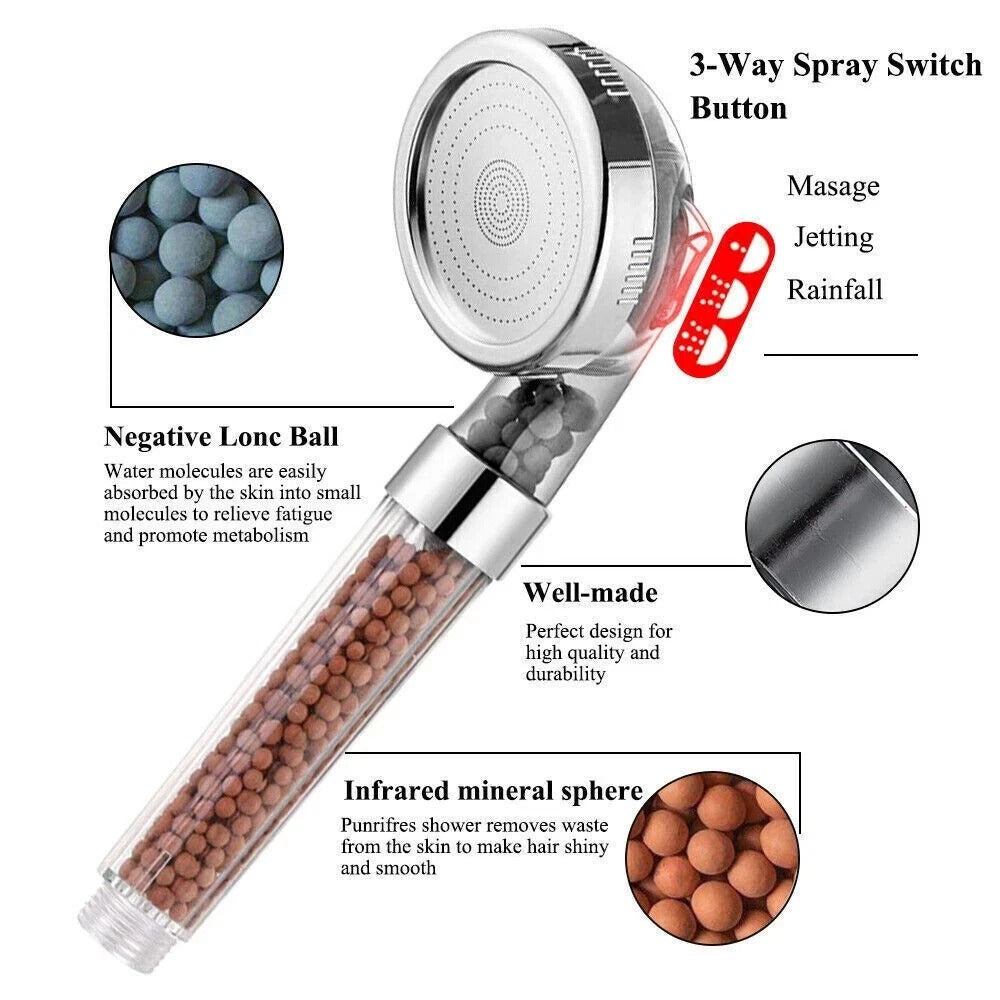 3-way shower head with bead filter chamber and infrared mineral sphere design