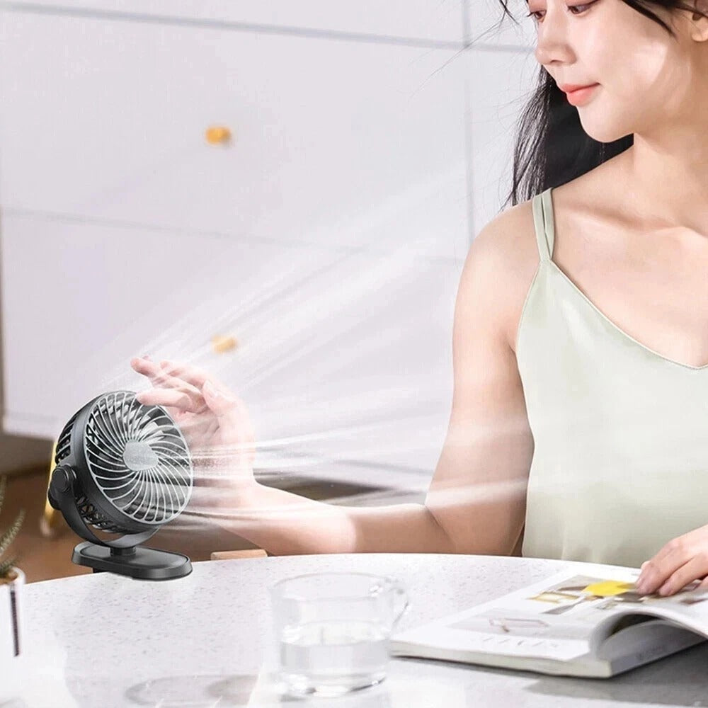 Portable USB Clip On Fan Rechargeable Mini Desk Fan 360° Rotation Quiet Cooling