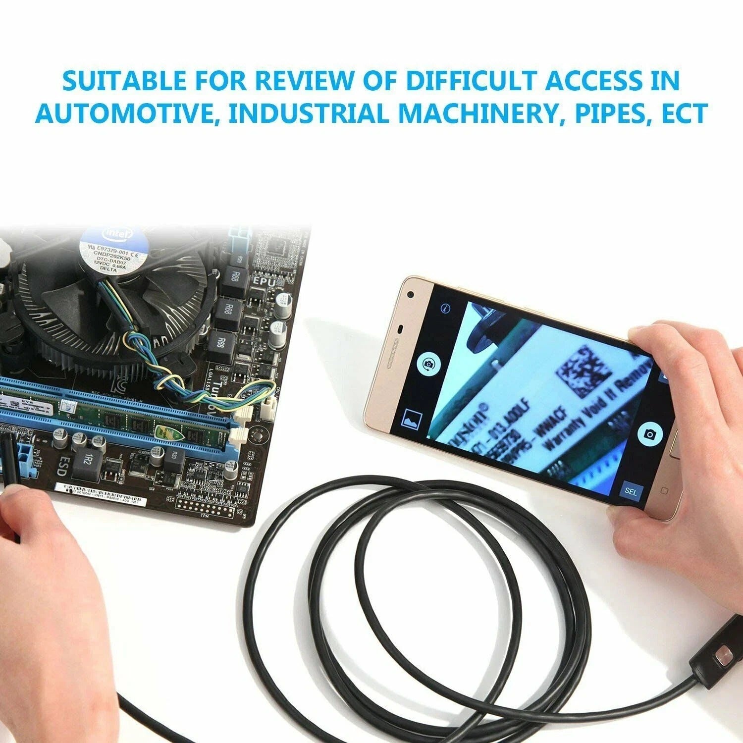 Phone displaying endoscope feed while inspecting internal electronics
