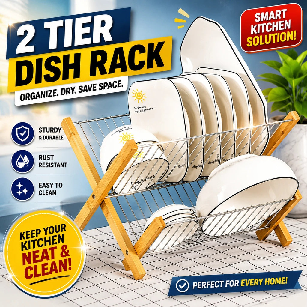 2 Tier Bambo Dish Rack Plate Cup Drying Drainer Storage Drip Tray Cutlery Holder