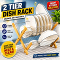 2 Tier Bambo Dish Rack Plate Cup Drying Drainer Storage Drip Tray Cutlery Holder