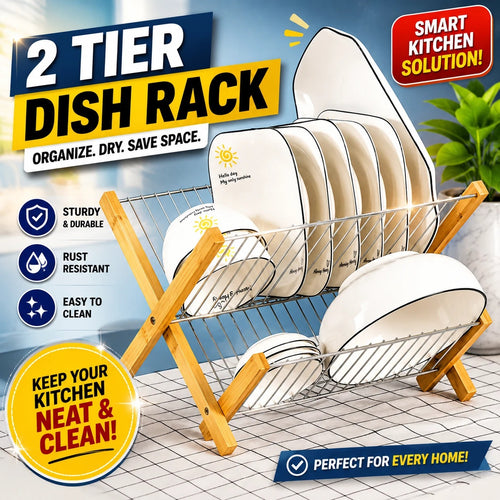 2-tier dish rack with stacked plates and cups on bamboo frame, wire drying racks