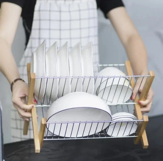 2 Tier Bambo Dish Rack Plate Cup Drying Drainer Storage Drip Tray Cutlery Holder