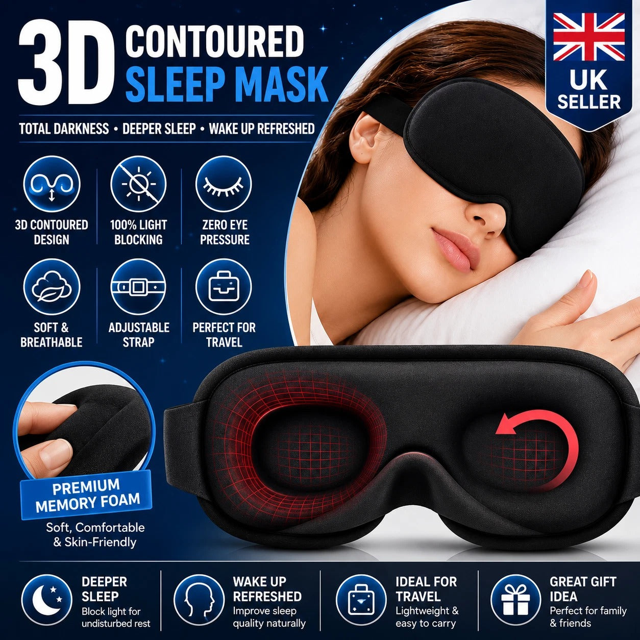 UK Soft Padded Sleep Mask 3D Eye Blackout Luxurious Eye Cover Travel Blindfold