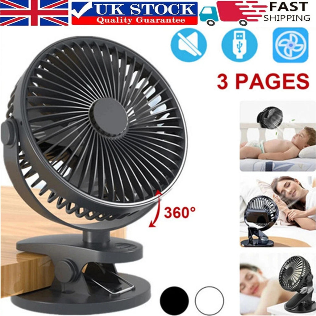 Portable USB Clip On Fan Rechargeable Mini Desk Fan 360° Rotation Quiet Cooling