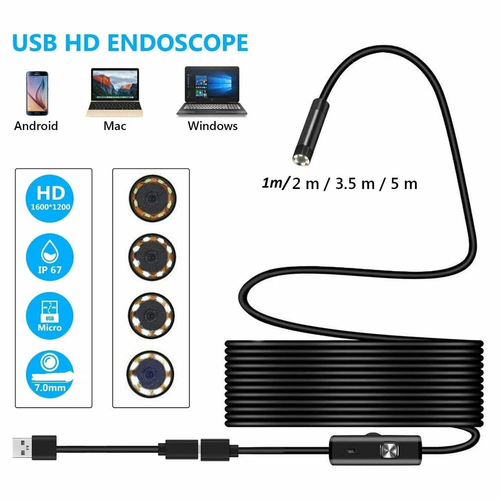 Waterproof USB HD endoscope with coiled cable, camera head, and USB connector