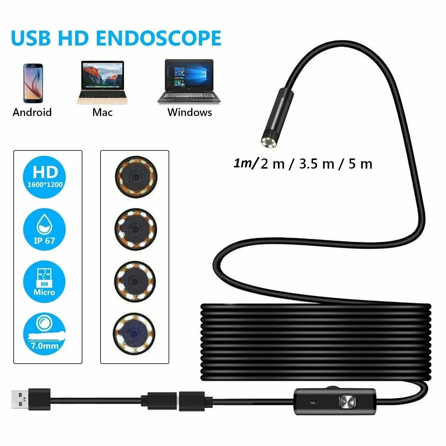 Waterproof USB HD endoscope with coiled cable, camera head, and USB connector