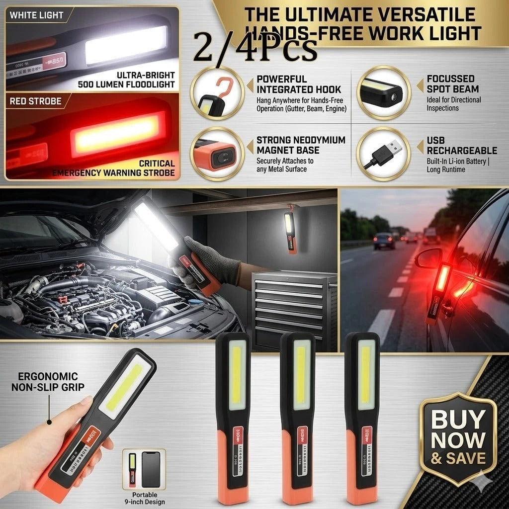 2/4x COB LED Cordless Magnetic Work Light USB Inspection Lamp Torch Rechargeable