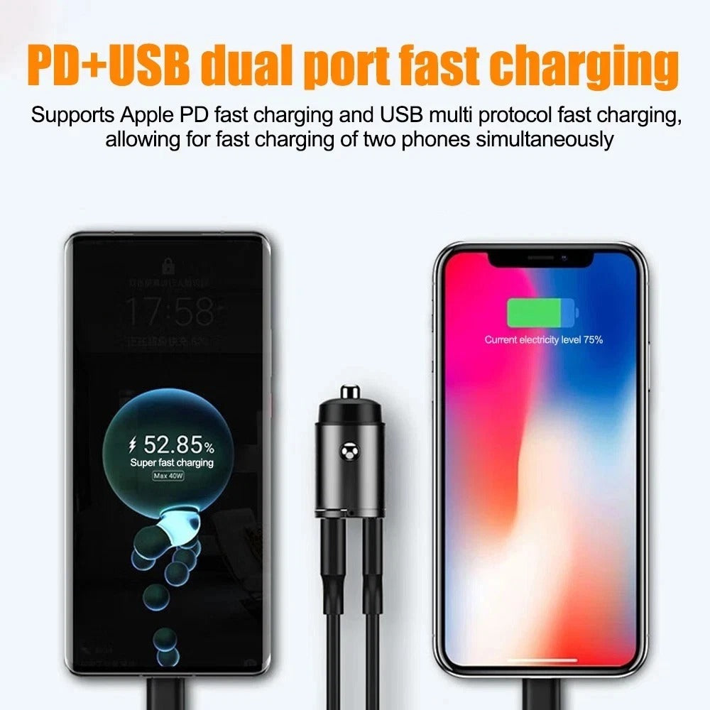 Dual-port fast charging car charger with USB-C plug, compact connector for phones