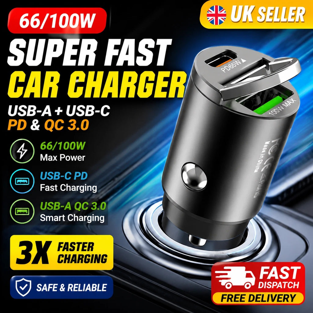 Compact metallic car phone charger with Type C and USB-A ports