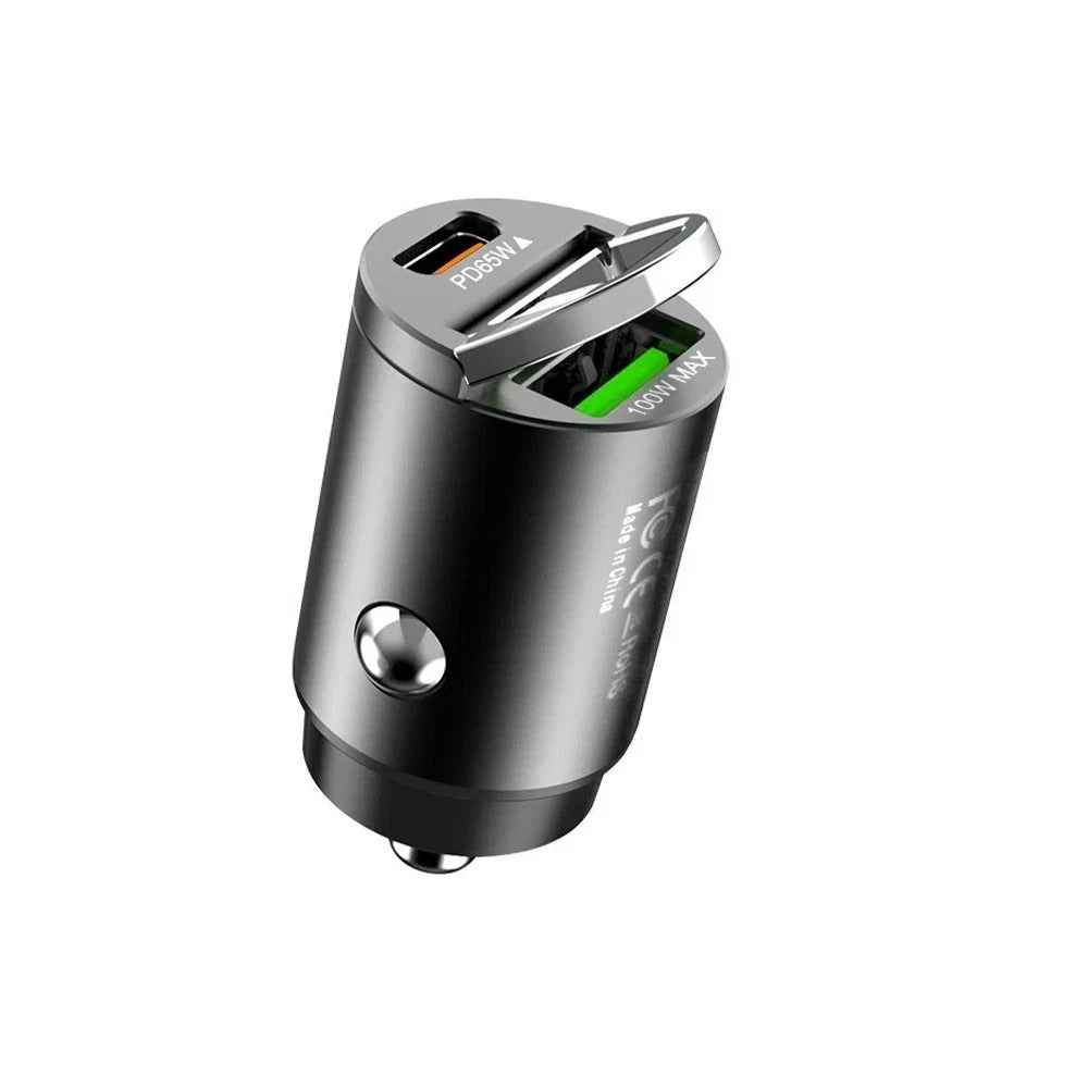 Compact car phone charger with metal casing and angled USB-C Type C port