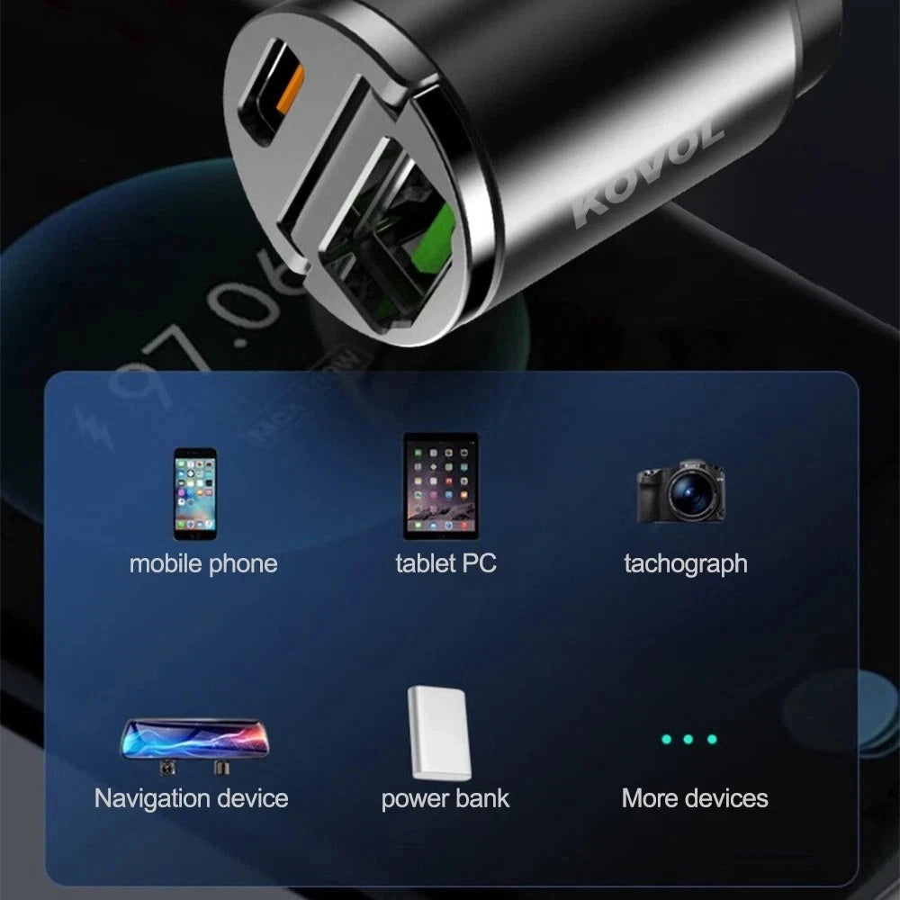 Car phone charger with dual ports for mobile devices, dark metal body, small plug