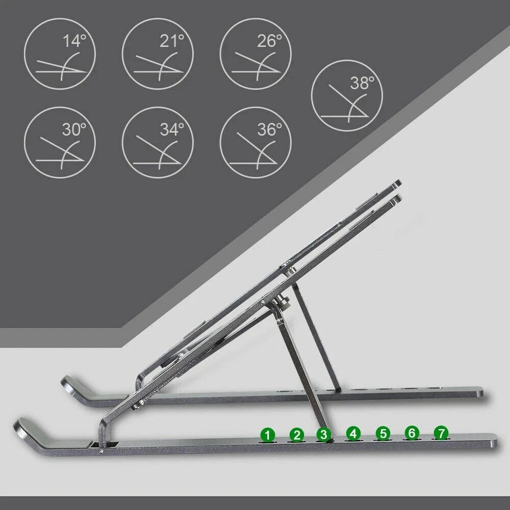 Adjustable metal laptop stand with foldable base, black, side view with height angles